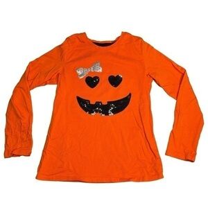 Girls Top Size M Orange Silver Black Graphic Halloween Long Sleeve Shirt